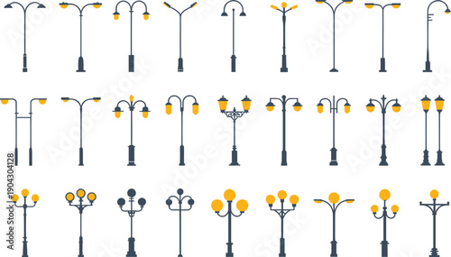 minimalist street lamp vector collection, modern urban light poles set, flat outdoor lighting icon design elements pack
