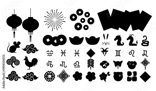 Chinese New Year flat illustration set with lanterns fireworks and lucky symbols