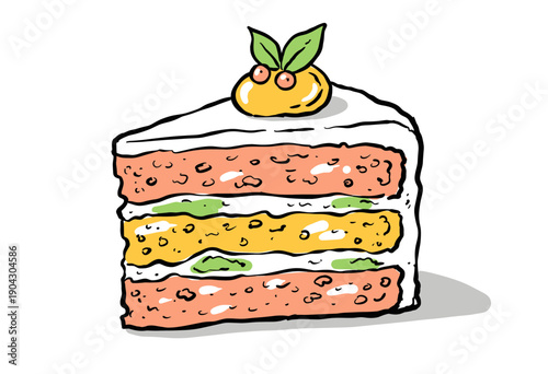 Dessert cake slice doodle artwork. Cute birthday cake drawing design. Hand drawn layered sweet food graphic. Fun bakery vector illustration. Pink and
