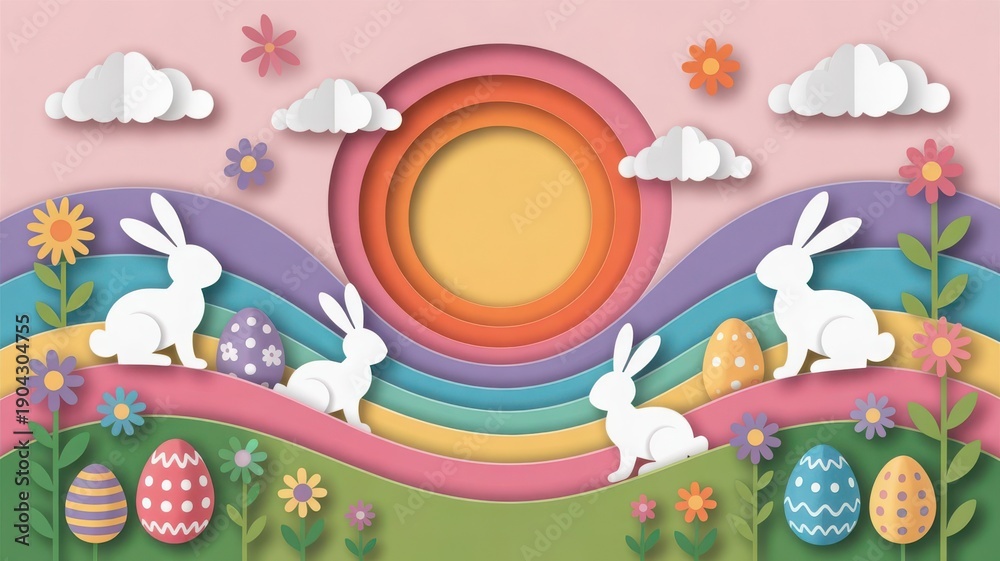 Fototapeta premium A colorful papercraft easter scene featuring rabbits eggs flowers and a radiant sun high quality professional