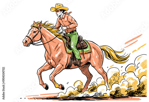Cowboy riding horse vintage artwork. Western rodeo graphic print design. Wild west t shirt design. Speed racing rider on horse illustration. American