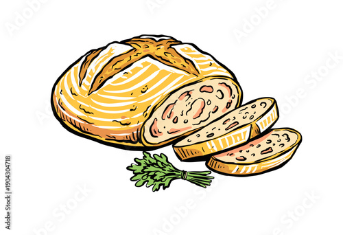 Fresh baked bread illustration. Artisan sourdough loaf sketch. Bakery graphic design element. Food artwork for menu and poster. Homemade crusty bread