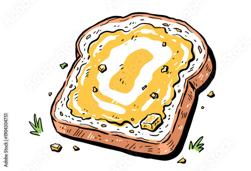 Slice of bread with butter artwork. Hand drawn breakfast toast design. Morning food illustration for apparel. Vintage graphic print design for poster