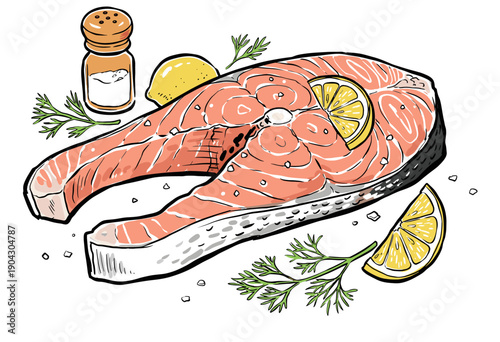 Raw salmon steak artwork illustration. Seafood gourmet vintage design. Fish steak with lemon and dill sketch. Healthy keto diet food graphic print. Ar