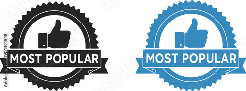 Most Popular Badge with Thumbs Up Icon and Ribbon Header, Vector Quality Seal Labels in Black and Blue for Product Promotion and Marketing Ranking