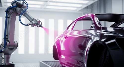A high-tech automated industrial robot arm applies a flawless coat of vibrant color paint to a vehicle chassis on a modern assembly line, industrial, line, chassis