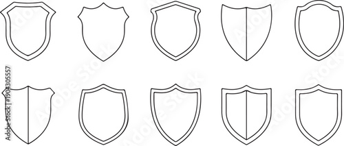 set of thin line shield icons and heraldic crest outlines with divided fields for security protection logo design and branding