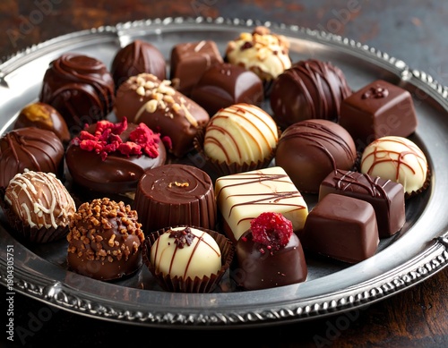 A silver platter filled with assorted chocolates
