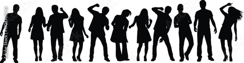 Dancing people silhouettes, party crowd poses, rhythmic movement, human figures, celebration, music vibe, energy, fun, isolated, white background
