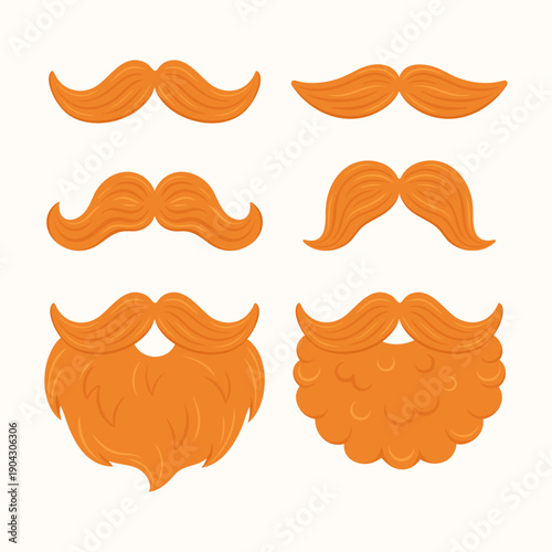St. Patrick's Day vector set of ginger leprechaun mustaches and beards. Collection of orange facial hair styles for Irish holiday costumes, party photo booth props and festive character design.