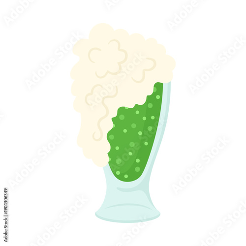Tall glass of green beer with thick white foam for St. Patrick's Day celebration. Traditional Irish beverage illustration for pub party, festive event, and holiday menu design vector isolated.