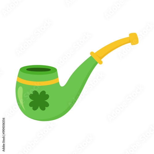 Green Irish smoking pipe with shamrock clover leaf for Saint Patrick's Day celebration. Vector cartoon illustration of traditional leprechaun tobacco pipe isolated on white for luck and holiday design