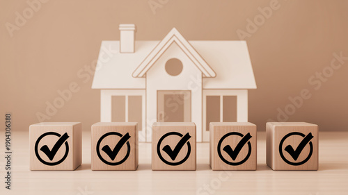 Home buying checklist with wooden blocks and house model