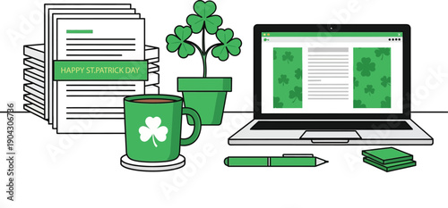 Celebrating St. Patrick's Day at a Modern Office Desk: Digital Workstation with Festive Green Shamrocks and Documents Vector Illustration