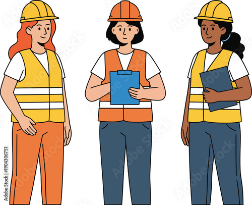 Three female construction workers wearing hard hats and safety vests
