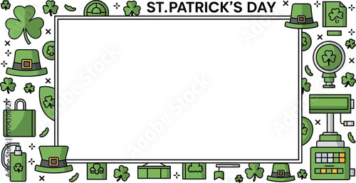 Brightly illustrated St. Patrick's Day holiday frame featuring traditional green shamrocks and leprechaun hats, perfect for festive event promotions and seasonal celebrations.