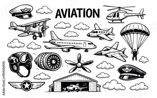 Hand drawn line art aviation set featuring various aircraft, pilot accessories, and flight elements for air travel