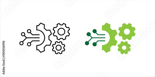 Minimal outline icon showing gears connected with circuit lines, representing digital networks, system integration, automation, and smart technology.