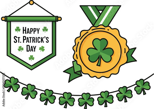 St. Patrick's Day holiday Celebration Elements Illustration with Banner, Medal, and Shamrock Garland for Holiday Designs