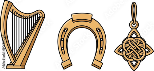 Golden Traditional Irish Cultural Symbols and Good Luck Charms Vector Illustration on Black Background