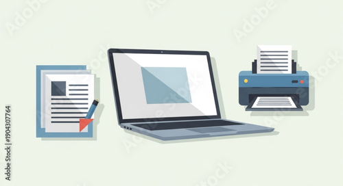 Laptop computer document and printer for office work.