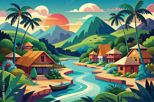 tropical island with house and palm trees