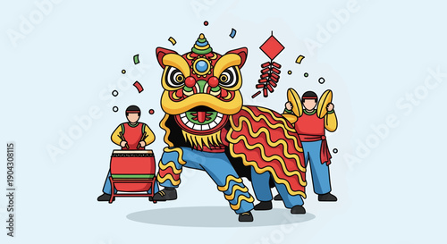 Traditional Lion Dance Performance with Drums.