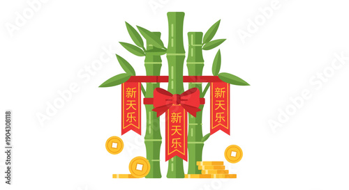 Bamboo Stalks with Red Ribbon and Coins.