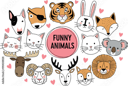 Funny animal face illustration set with cute cartoon pets and wild animals surrounded by hearts in playful hand drawn flat style for kids designs