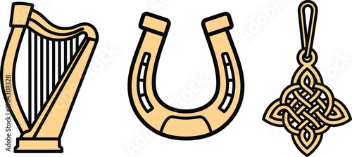 St. Patrick's Day holiday Collection of traditional cultural vector illustrations featuring a harp, horseshoe, and intricate Celtic knot, representing luck and heritage.