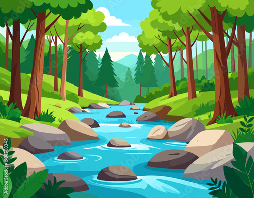 A serene river flows gently through a lush forest landscape with trees and rocks from a picturesque viewpoint