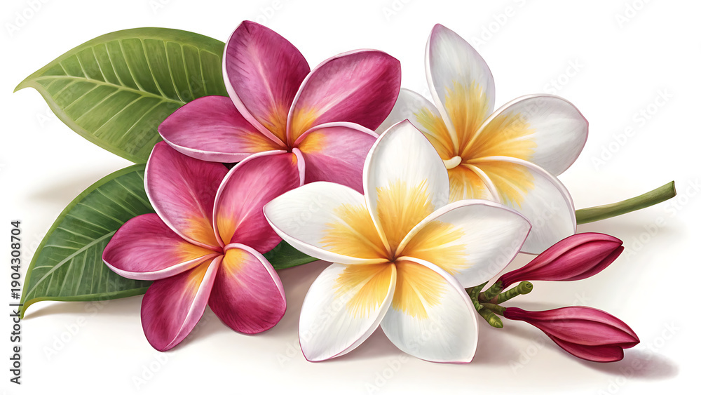 Fototapeta premium Vibrant pink and white plumeria flowers bouquet on white background natural beauty