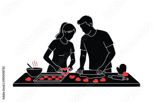 Couple Cooking Together in Modern Flat Design with Red Accents on Black Kitchenware for Culinary Blog