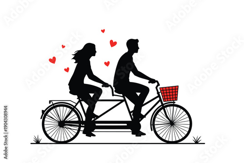 Couple Riding Tandem Bicycle Silhouette with Red Hearts and Basket in Romantic Simple Illustration for Valentines Day