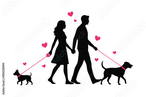 Couple Walking Dogs Silhouette with Hearts in Simple Flat Design for Valentines Day