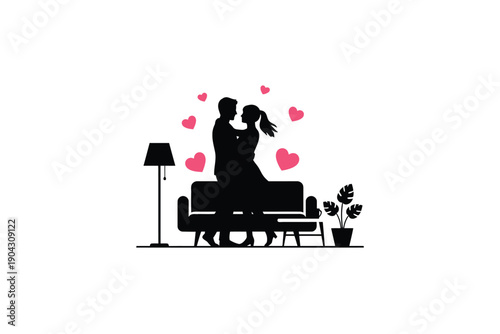 Couple Embracing on Sofa in Romantic Silhouette with Heart Shapes in Simple Modern Interior for Valentines Day