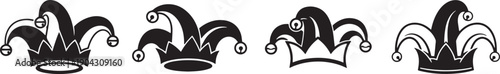 A playful and classic collection of jester hats, each adorned with distinctive bells and pointed peaks, perfect vector illustrations for carnival, comedy, and celebration themes