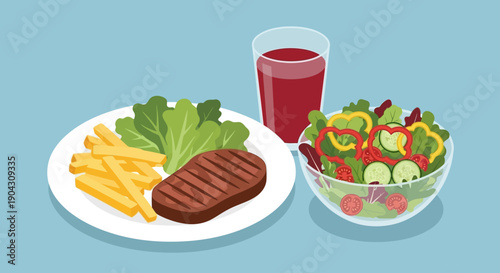 A plate of fast food with fries, a hamburger, lettuce, and a glass of juice, accompanied by a bowl of mixed salad on a table.
