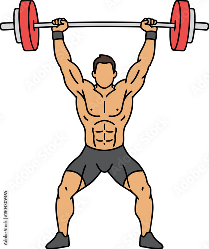 Muscular Man Lifting Barbell Overhead – Weightlifting Fitness Vector Illustration