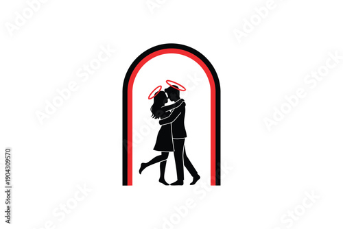 Couple Dancing Silhouette in Modern Archway with Dramatic Red Accent in Minimalist Design for Wedding Invitation