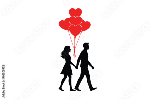 Couple Holding Hands with Heart Balloons in Simple Silhouette Style with Red and White Colors on White Background for Valentines Day