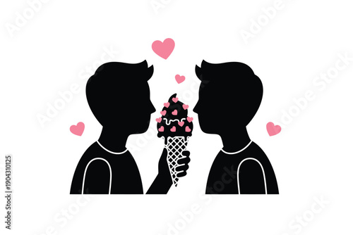 Couple Sharing Ice Cream Silhouette in Romantic Simple Design with Black and Pink Colors for Valentines Day Greeting