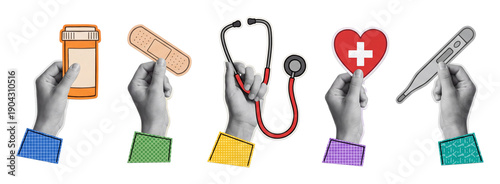 Cutout collage healthcare icons sticker Set.