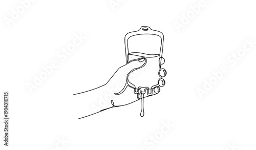 Blood donation continuous line drawing hand holding transfusion bag vector