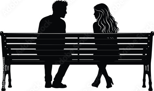 Silhouette of man and woman sitting on park bench facing each other isolated on white background romance relationship concept illustration