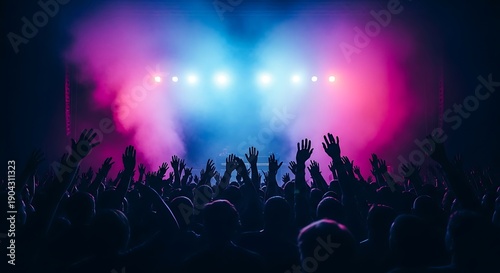 Silhouetted audience at a live music festival with vibrant blue and magenta stage lights