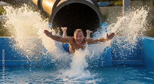Caucasian male adult enjoying water slide thrill with splash at outdoor water park on sunny day