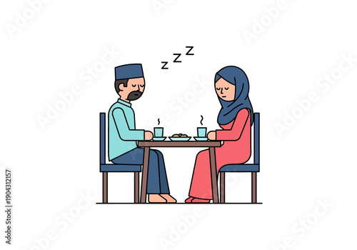 Tired Muslim couple enduring sleepy mealtime, showing exhaustion and boredom