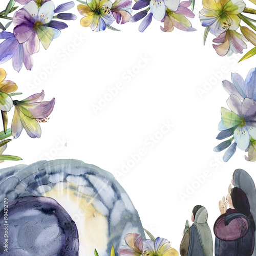 Slika na platnu Empty tomb of Jesus with praying women and lilies, watercolor illustration on transparent background