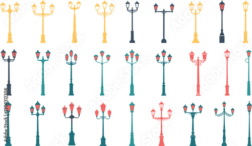 decorative street lamp vector icon collection, colorful vintage modern light poles set, urban outdoor lighting flat design elements